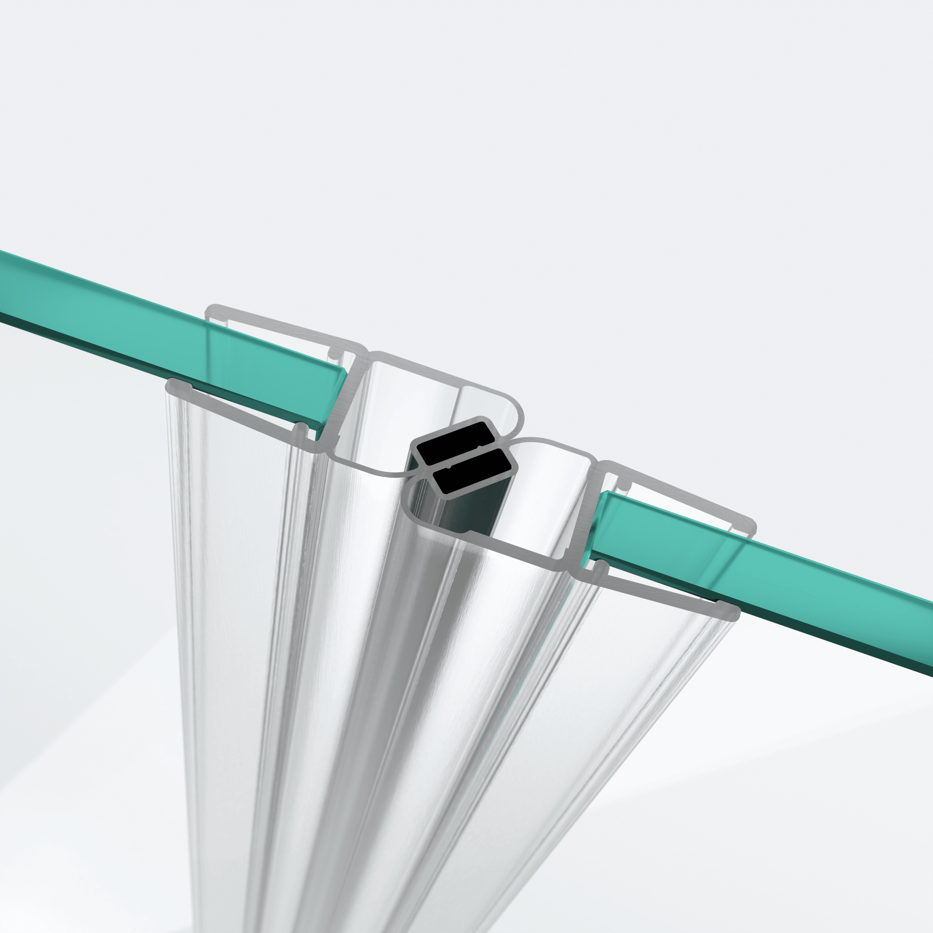 3D-Modell zweier versetzter 180°-Magnetschließleisten für eine 180°-Tür-an-Tür-Situation